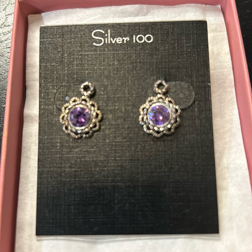 Sterling Silver 100 Earrings With Purple Stone Center